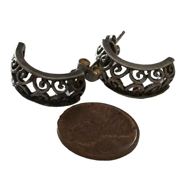 Sterling Silver Half Hoop Pierced Scroll Earrings Drop Signed Artisian Vintage - Picture 9 of 11